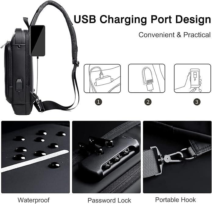 Sling Bag for Men Chest Crossbody Bag with USB Charging Port